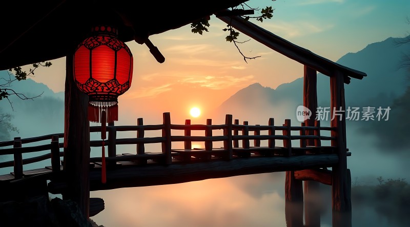 晨曦映照下的古桥红灯笼