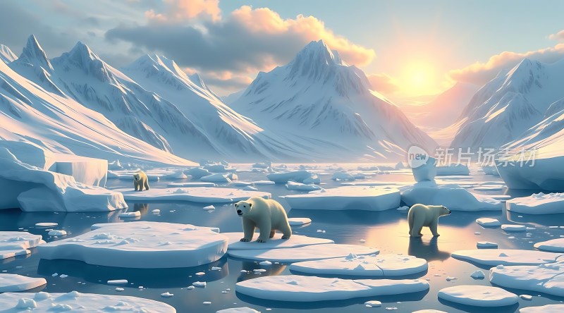 极地风光北极熊与冰山日落