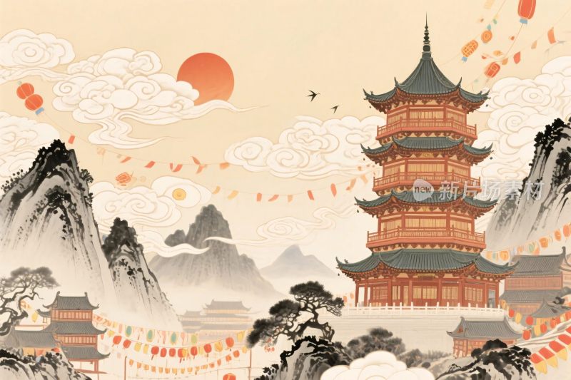 古风古塔山水风景插画