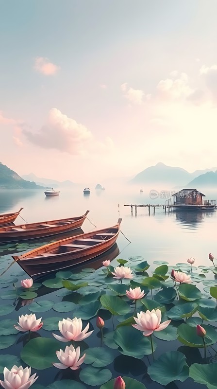 湖畔小船映荷花