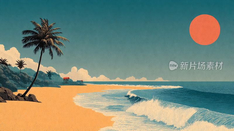 海边日落风景插画