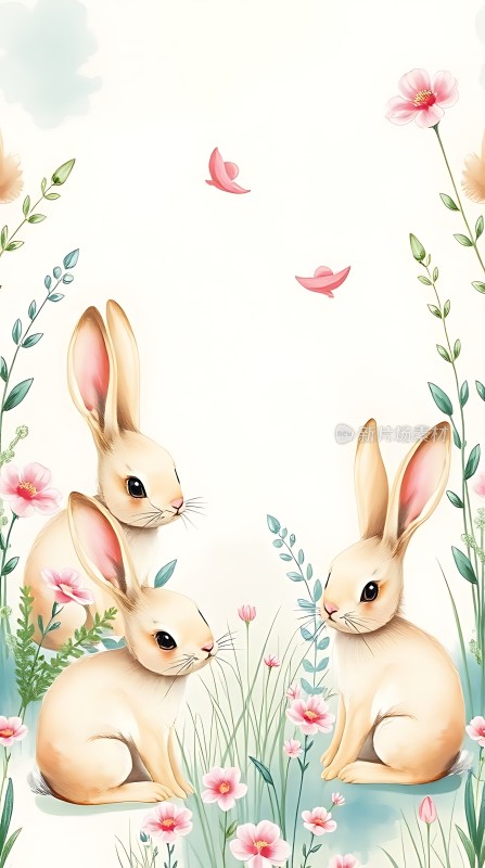 三只可爱小兔在花丛中嬉戏