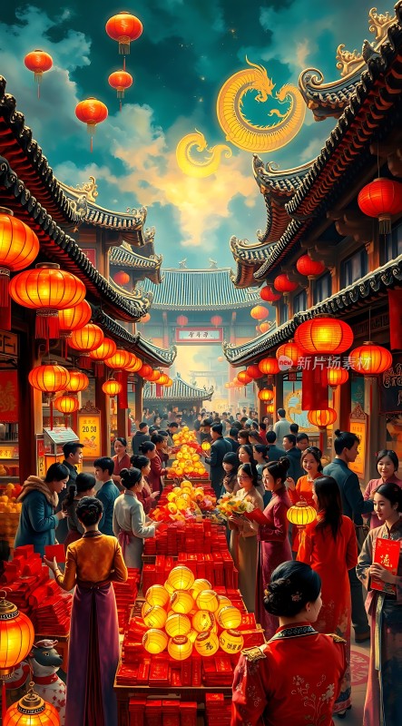 春节庙会灯笼高挂人潮涌动热闹非凡