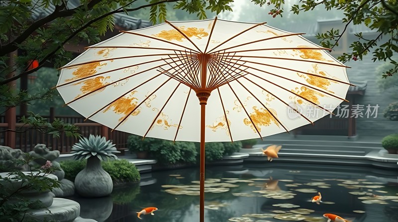 古风油纸伞下的静谧池塘
