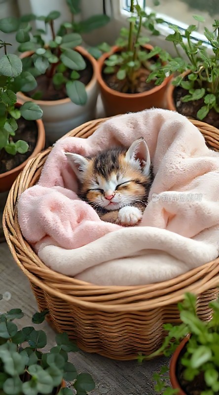 小猫在篮子里睡觉
