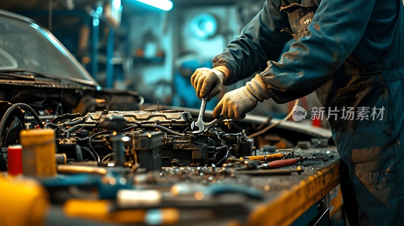 维修工人在车间里精心修理汽车引擎