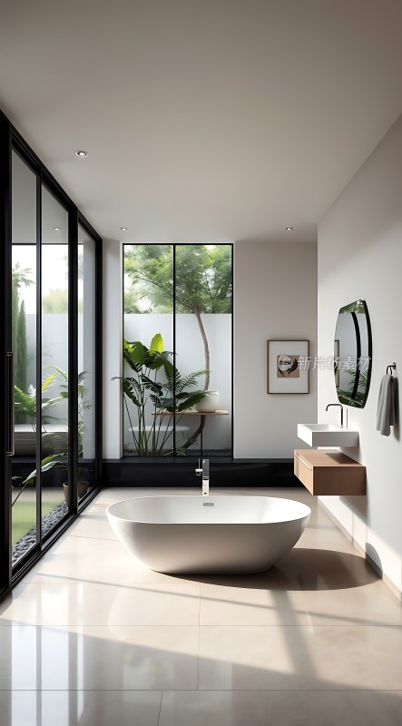 现代浴室设计简约风格自然光线充足绿植点缀