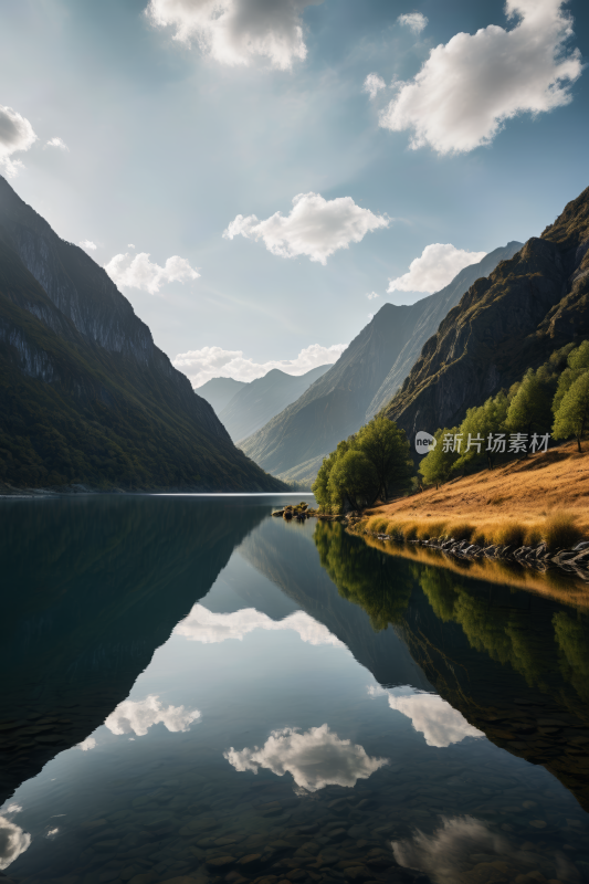 山脉和水面几棵树高清风景图片