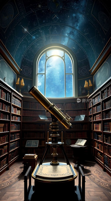 星空下的古老天文望远镜与图书馆