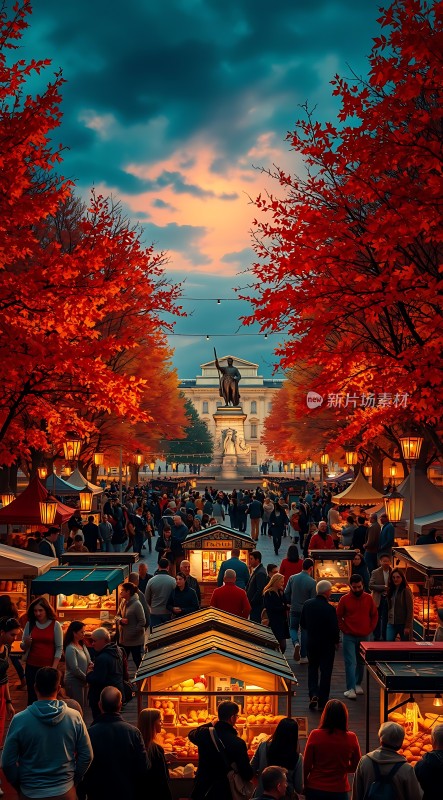 秋日集市夜市繁华红叶映照人群熙攘