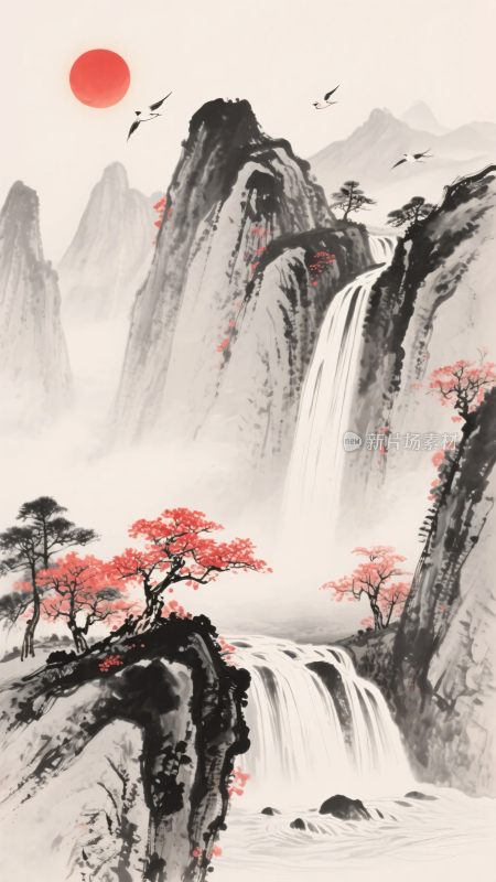 中式山水瀑布红日景观图