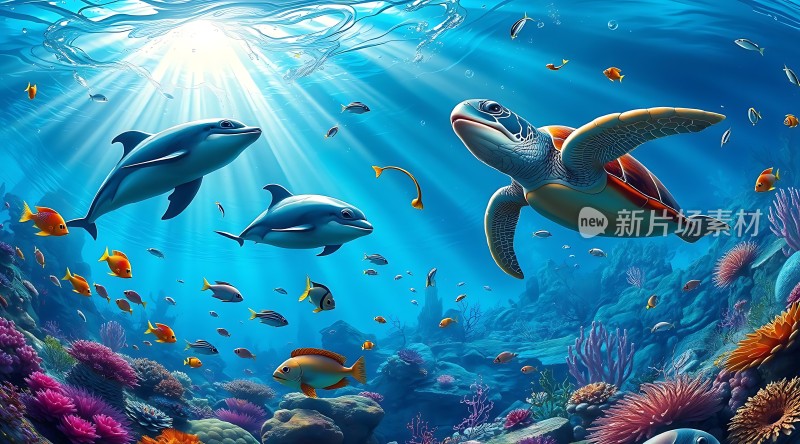 海底世界奇观海豚、海龟与多彩珊瑚共舞