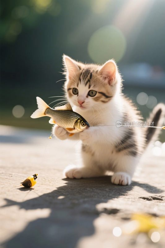 小猫叼鱼的画面