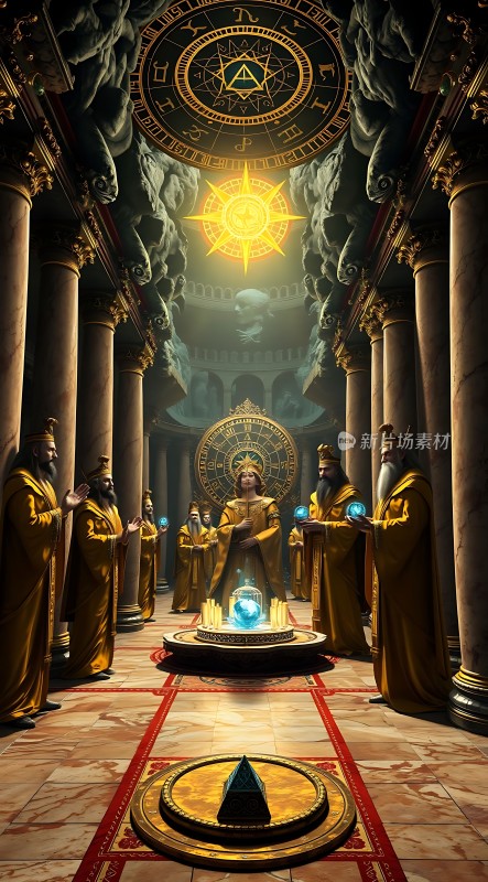 神秘祭司集会金色光芒照耀下的古老仪式