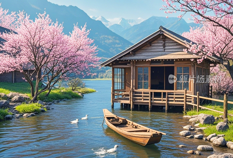 乡村房屋花朵溪流