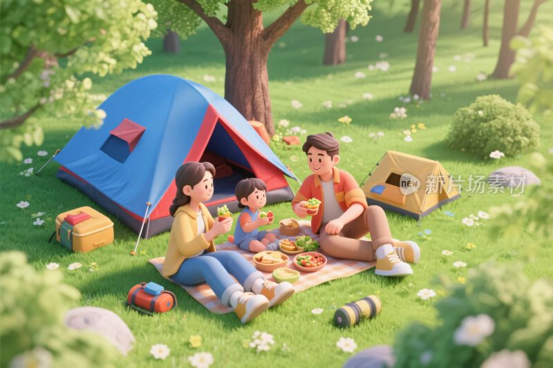 一家人户外露营野餐场景