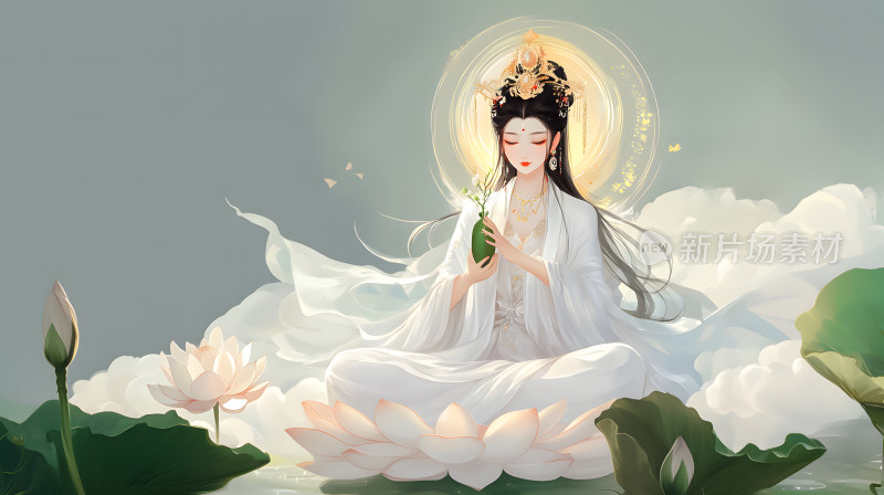 西游记神仙观音菩萨坐莲花上唯美梦幻插画