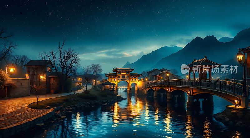 古桥夜色灯火阑珊映水乡