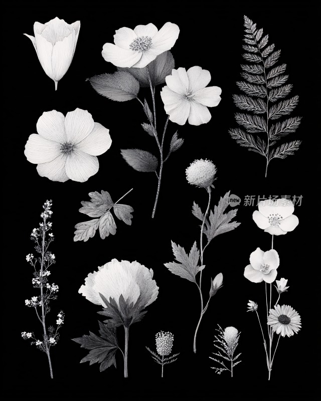 黑白花卉植物插画元素