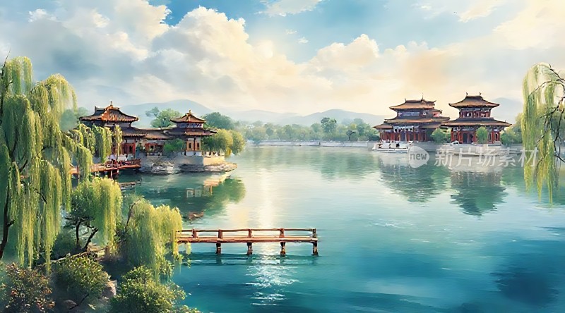 湖畔古亭柳垂岸