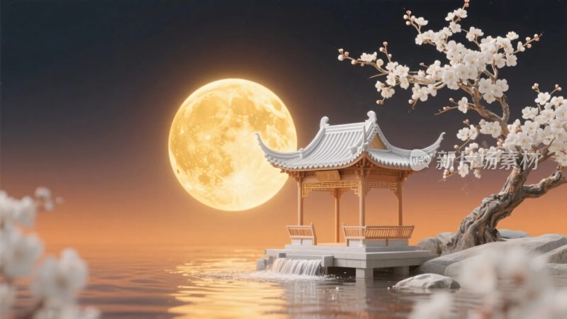 月夜古亭樱花景