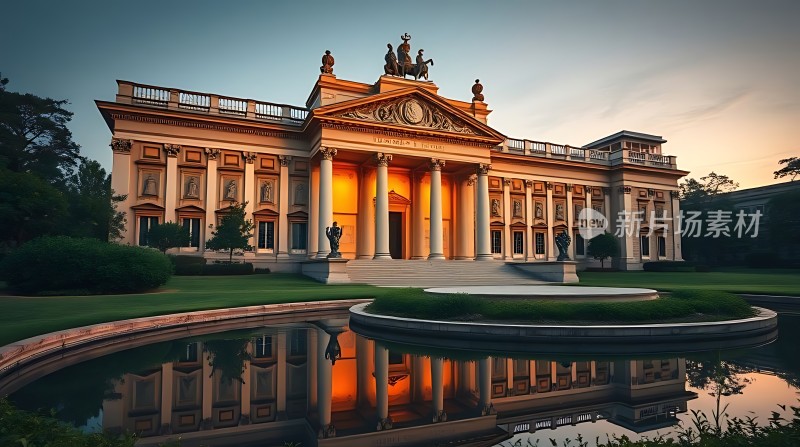 日落下的宏伟宫殿与倒影