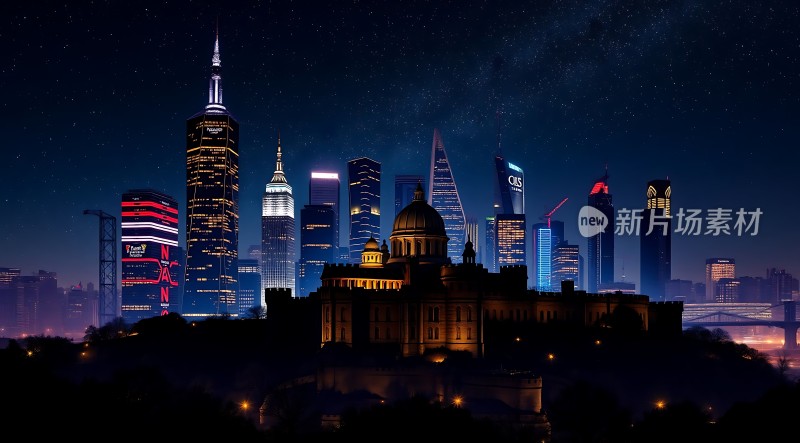 繁华都市夜景下的璀璨建筑群