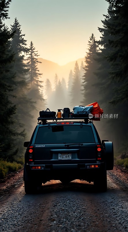 森林探险之旅越野车穿越迷雾之路