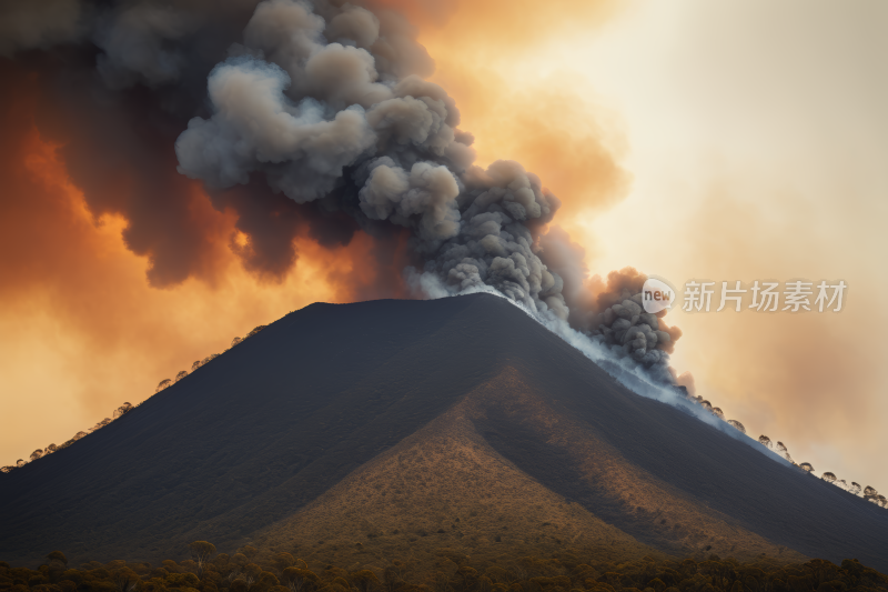 太阳落山时山上冒出浓烟高清风景图片