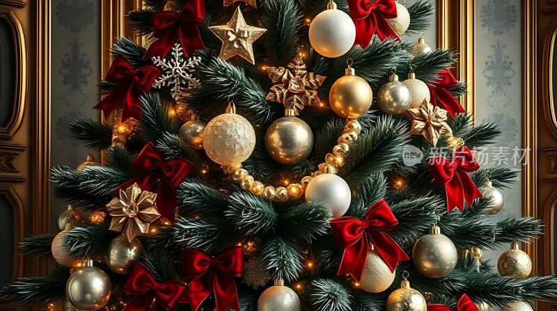 金色圣诞树上的红色蝴蝶结和白色球体装饰