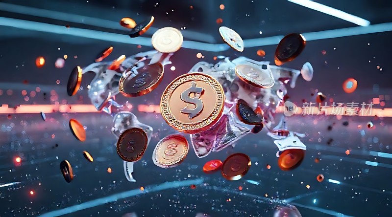 金钱风暴美元符号与硬币在空中飞舞