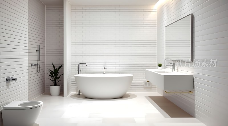 现代简约浴室白色浴缸与洗手台