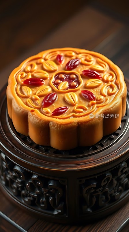 金黄月饼映红果传统糕点诱人尝