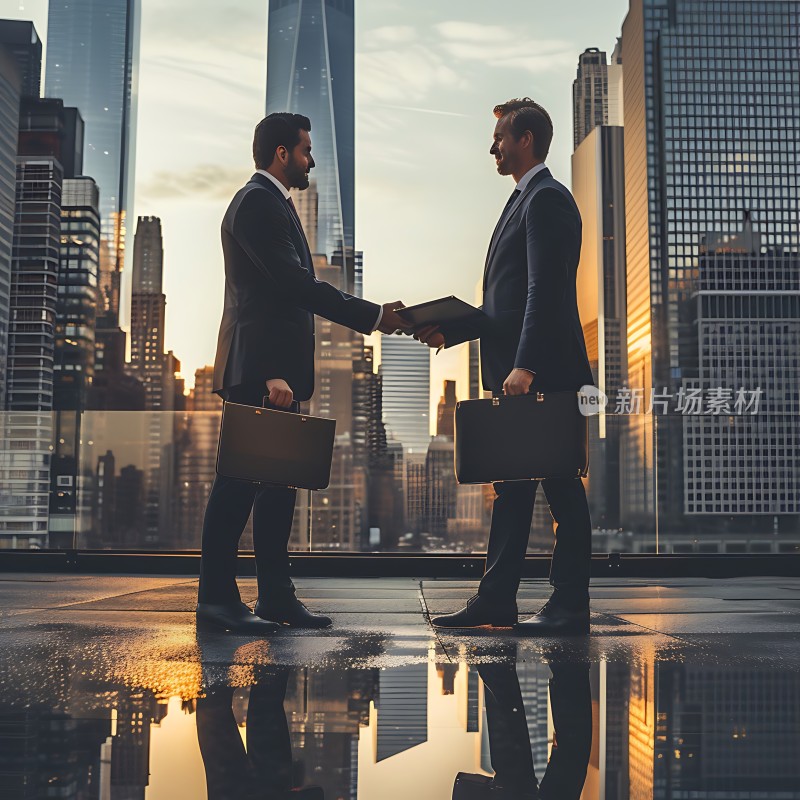 商界精英握手合作摩天大楼背景下的商务洽谈