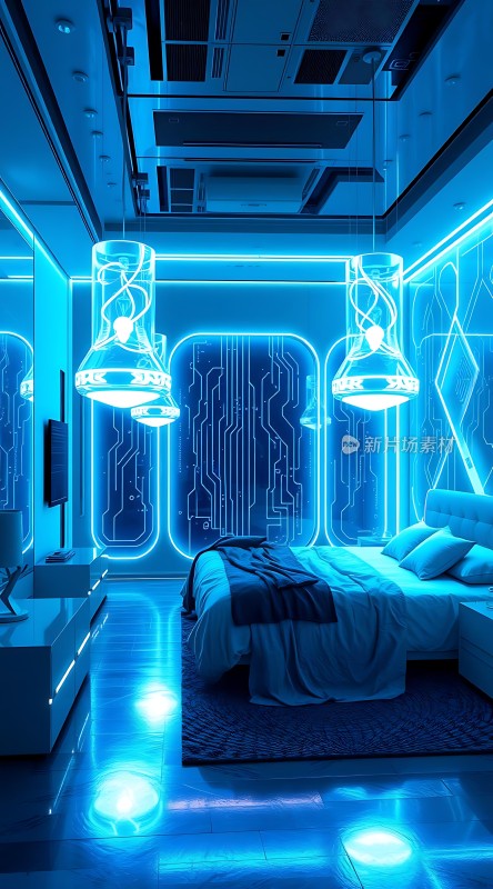 科技感卧室设计蓝色灯光与未来主义风格