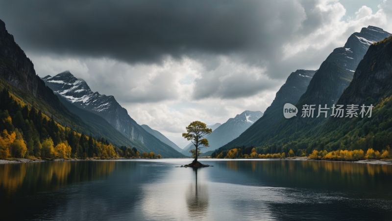 湖中央的一棵树高清风景图片