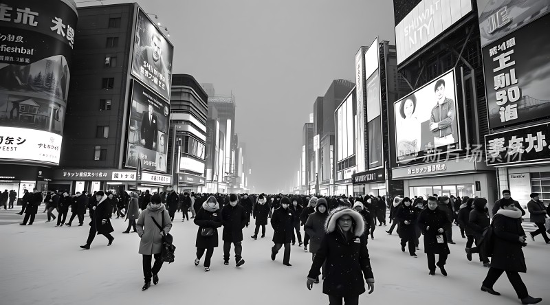 繁华都市街头行人熙攘广告牌林立冬日氛围浓厚