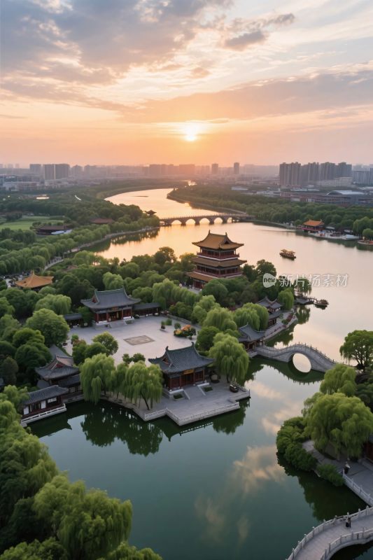 江南古建景区日落风光