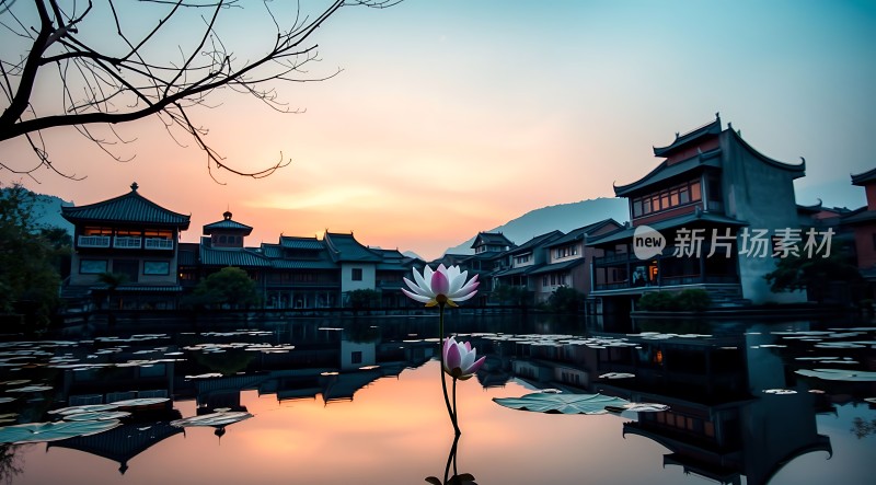 湖畔古建筑荷花映日