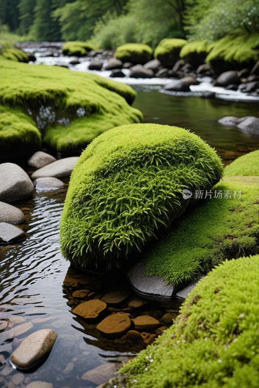 生长在森林溪流岩石上的苔藓图片