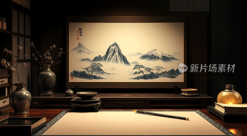 古风书房墨香四溢山水画中觅宁静