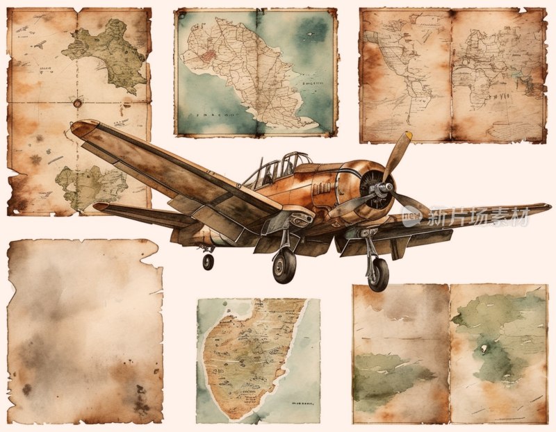 复古飞机地图插画