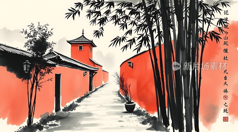 竹影小径映红墙