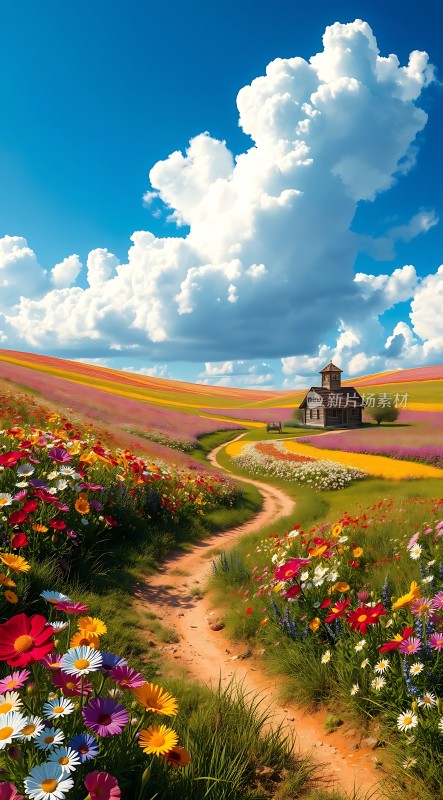 蓝天白云下的彩色花海小路
