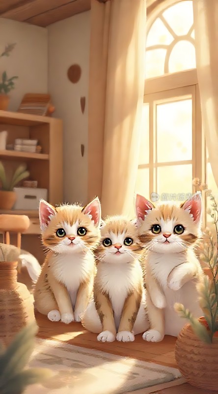 阳光下的三只小猫温馨可爱