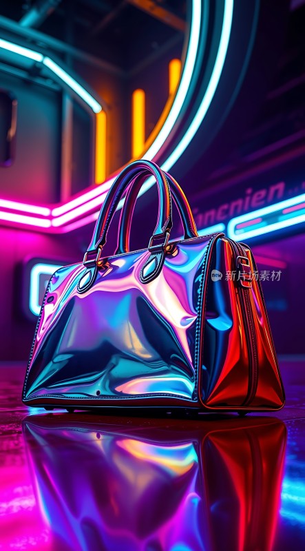 霓虹灯下的时尚手提包