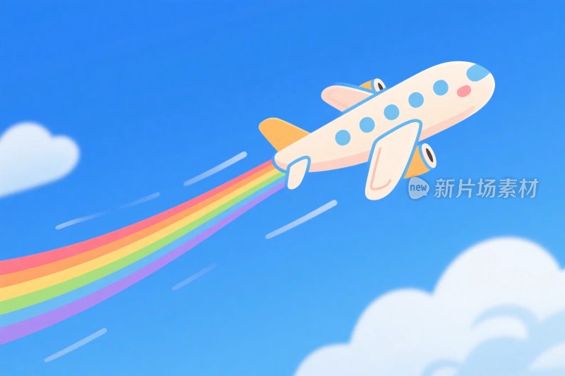 卡通飞机拖彩虹插画