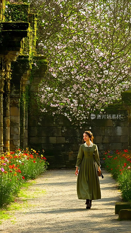 春日花园漫步绿裙佳人赏花