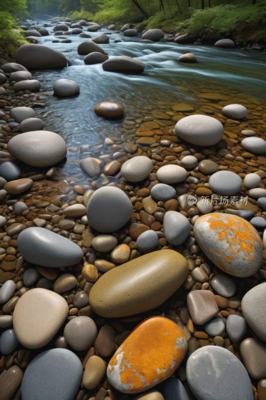 一条河流流经一片长满岩石的森林风景图片