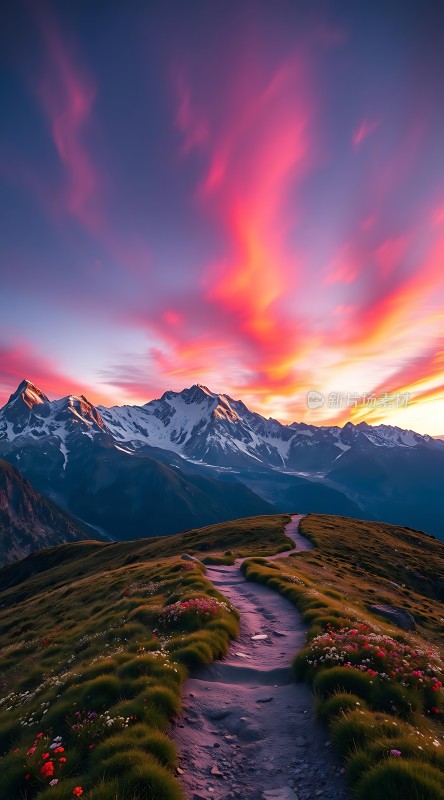 日落下的雪山小径